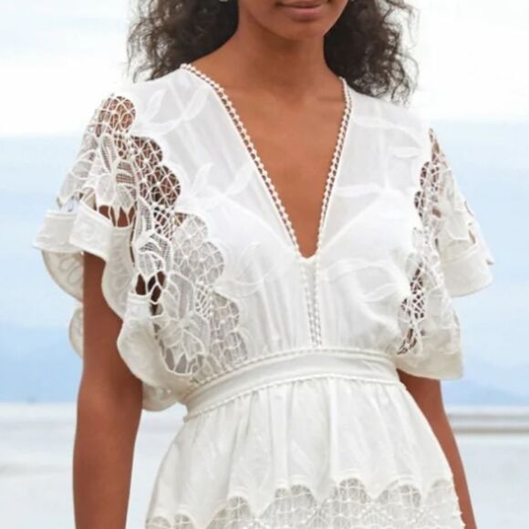 Farm Rio Off-White Richelieu Tiered/Layerd Midi Dress - Picture 2 of 7